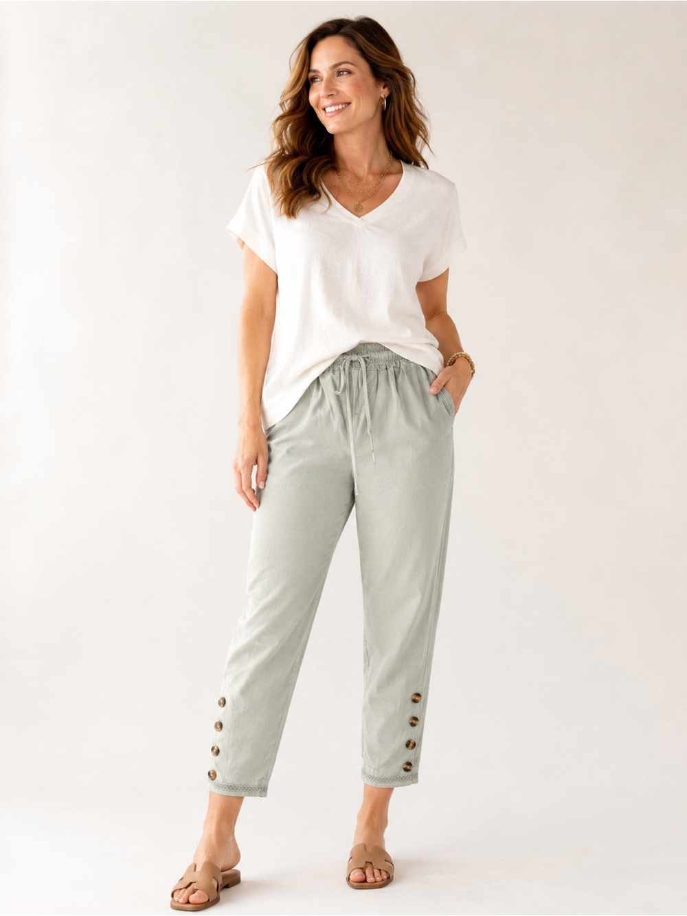 Billie Cropped Pants Women Sage Green Drawstring Button Hem Pull On Size L NWT